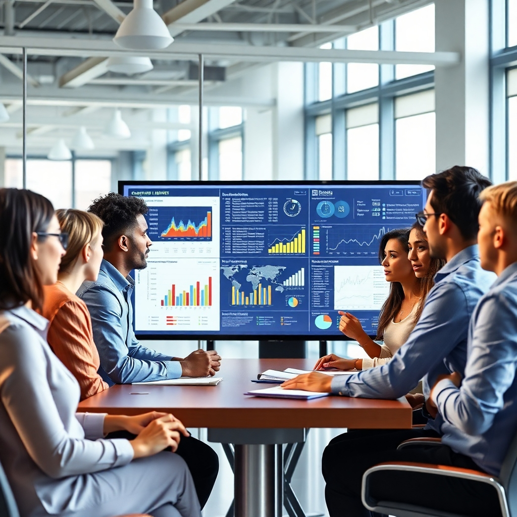A photorealistic image of a diverse team of professionals gathered around a large screen displaying dynamic data visualizations and insightful charts, showcasing collaboration and data-driven decision-making in a modern, brightly lit office. The atmosphere should be energetic and collaborative.