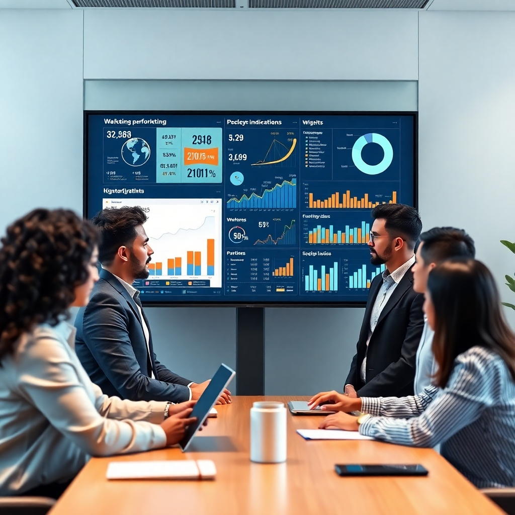 A photorealistic image of a team of diverse professionals collaborating around a large screen displaying complex data visualizations and marketing campaign performance metrics. The atmosphere should be modern and collaborative, with a sleek, minimalist office setting.  The screen should show charts, graphs, and key performance indicators (KPIs) related to digital marketing, such as website traffic, conversion rates, and social media engagement. The professionals should be actively discussing the data, and their expressions should convey focus and determination. The overall mood should be one of intelligent analysis and strategic planning.