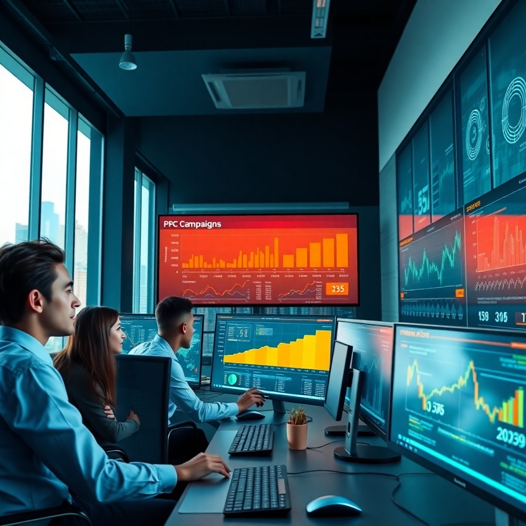 A photorealistic image, shot in 8K resolution, of a sleek, modern office space with a young, diverse team monitoring and analyzing data on multiple large screens displaying complex PPC campaign performance metrics.  The color palette is clean and modern, with cool blues and greens contrasting with pops of bright orange to indicate key performance indicators.  The lighting is a soft, diffused light, creating a calm yet energetic ambiance. The camera angle is slightly elevated, looking down onto the team, emphasizing their focused attention.  The screens display graphs, charts, and real-time data, showcasing the complexities of a successful PPC campaign.  The textures are sharp and precise: the smooth glass screens, the metallic surfaces of computers, and the fine details on the dashboards. Props, such as stylized keyboard and mouse, represent technological precision. In the background, a cityscape is visible through large windows, suggesting ambition and global reach. The overall style aims for a cinematic look, similar to a film still from a futuristic tech-driven story. The mood is professional, confident, and results-oriented.