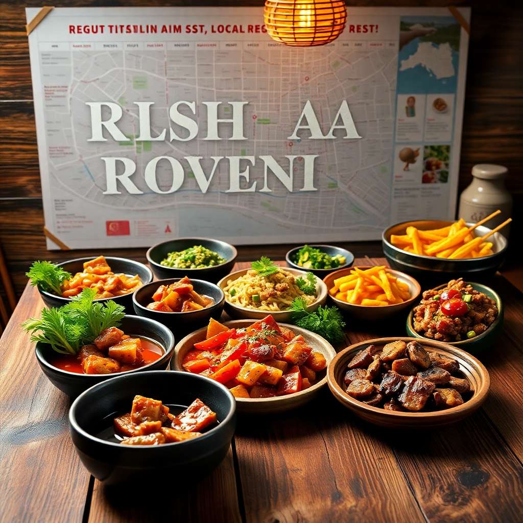 A photorealistic image showcasing a variety of delicious Chinese dishes arranged on a rustic wooden table, with a map of a city in the background highlighting the best local restaurants. The lighting should be warm and inviting, and the dishes should be arranged beautifully, showcasing their visual appeal and texture. Technical specifications: 4K resolution, hyperrealistic rendering