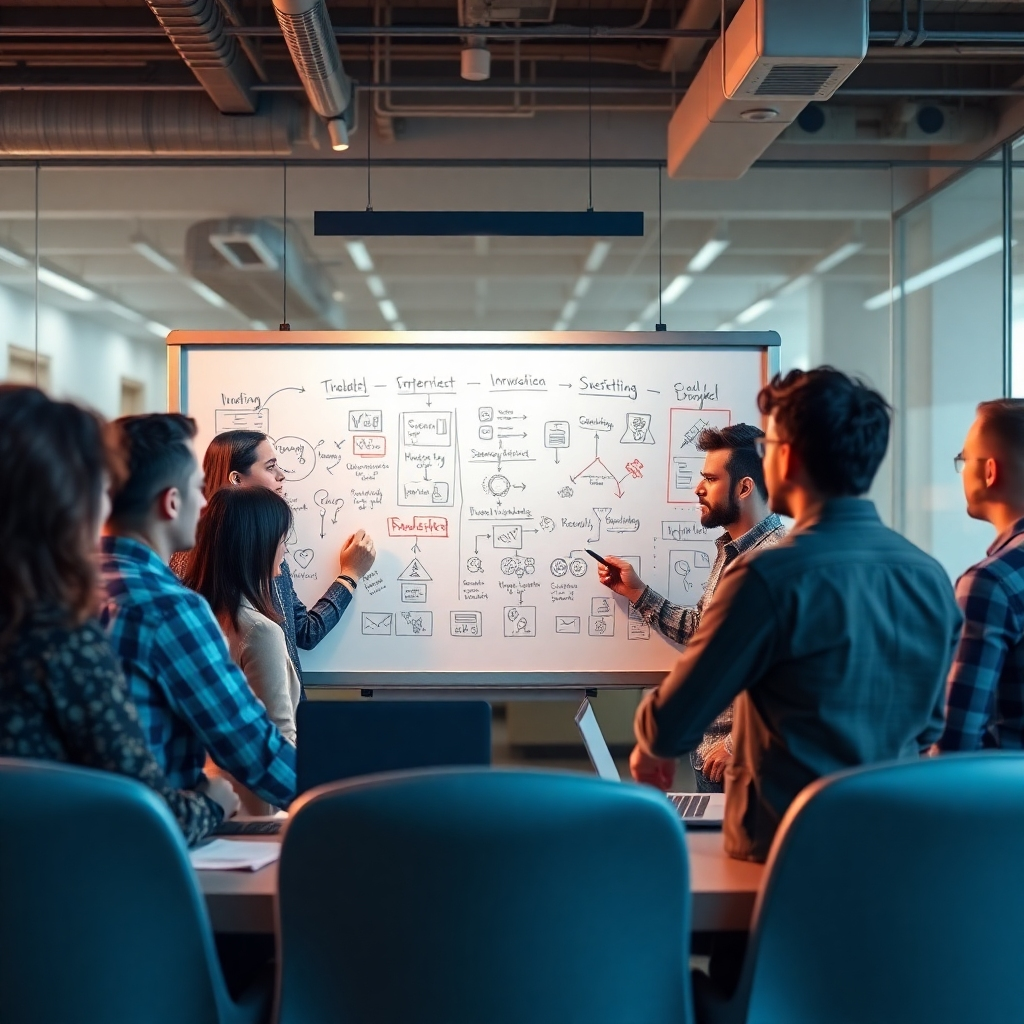 A photorealistic image showing a team brainstorming around a whiteboard filled with innovative ideas and strategies in a modern, tech-savvy office space, emphasizing teamwork, creativity, and problem-solving. The image should be vibrant and convey a dynamic, forward-thinking atmosphere.