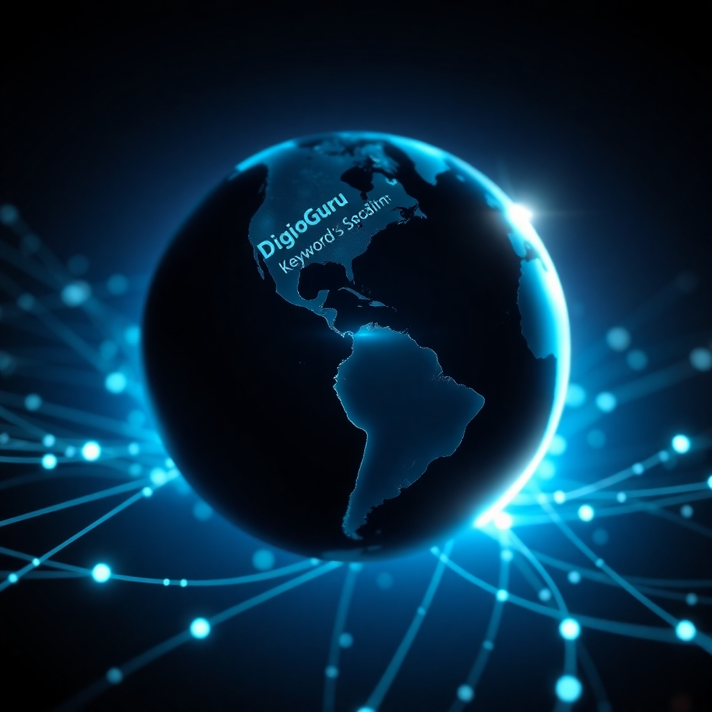 A photorealistic image, ultra-detailed, in 8K resolution, depicting a stylized representation of a website's search engine optimization. The composition features a stylized, vibrant globe with interconnected lines symbolizing global reach and search engine indexing. The lines pulse with a soft, ethereal glow in a cool, calming color palette of blues and greens.  The globe is centrally positioned, floating against a dark space, with focused light illuminating it. The lines connecting across the globe represent a web of data, with keywords and website traffic subtly flowing along these lines.  The camera perspective is from slightly below, looking up at the globe, emphasizing its importance.  A slight depth of field effect adds to the realistic portrayal of the data flow.  Text elements such as keywords (e.g. "DigiGoGuru", "SEO", "digital marketing") appear as glowing particles, smoothly blending into the lines. The entire image conveys a sense of movement and progress. The style is similar to the work of Syd Mead, combining elements of science fiction design with data visualization. The lighting is soft and ambient, with subtle highlights on the glowing data elements.
