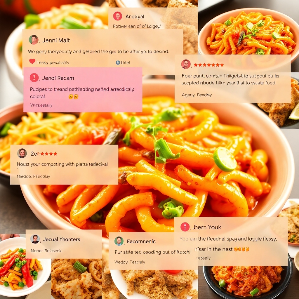A stylized collage of positive customer reviews overlayed on images of delicious Chinese food. The color palette should be bright and eye-catching, using a blend of warm and cool colors to highlight both the food and the positive feedback. Technical specifications: 4K resolution, high-quality rendering