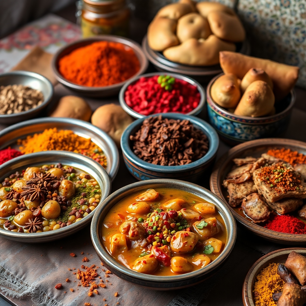 A vibrant and colorful still-life image showcasing a variety of Yemeni dishes, each garnished with unique spice blends. The dishes could include Saltah, a hearty stew, and various types of bread and pastries. The image should highlight the diversity of colors and textures of the spices used in the dishes, focusing on the visual appeal of each plate, set against a backdrop that reflects the cultural setting of Yemen.