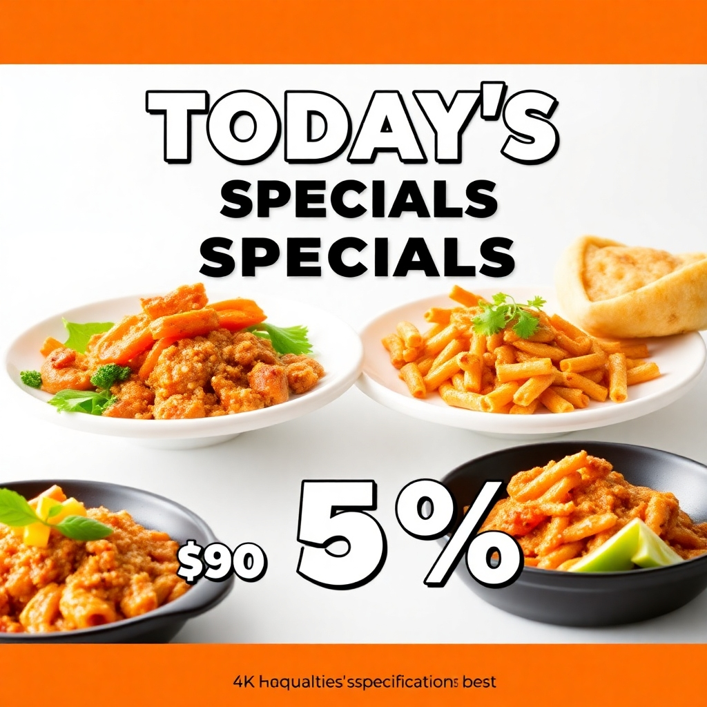 A vibrant image showcasing today's specials with bold text and attractive visuals of the discounted dishes. The background should be clean and modern, and the design should be eye-catching and appealing. Technical specifications: 4K resolution, high-quality rendering