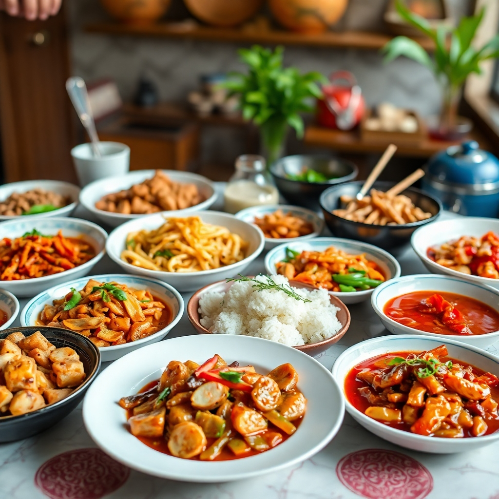 A visually appealing image showcasing a wide variety of authentic Chinese dishes, arranged beautifully on a table.  The image should be well-lit and detailed, highlighting the vibrant colors and textures of the food. Technical specifications: 4K resolution, high-quality rendering