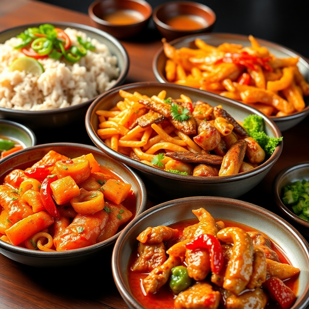A visually engaging image showcasing several different Chinese regional dishes, highlighting their unique characteristics and flavors. The image should be well-lit and detailed, highlighting the vibrant colors and textures of the food. Technical specifications: 4K resolution, high-quality rendering