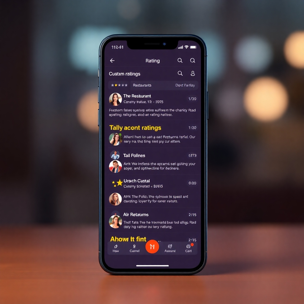 An image of a mobile phone screen showcasing customer ratings and reviews for different restaurants, highlighting the user-friendly interface and transparent rating system. Technical specifications: 4K resolution, high-quality rendering