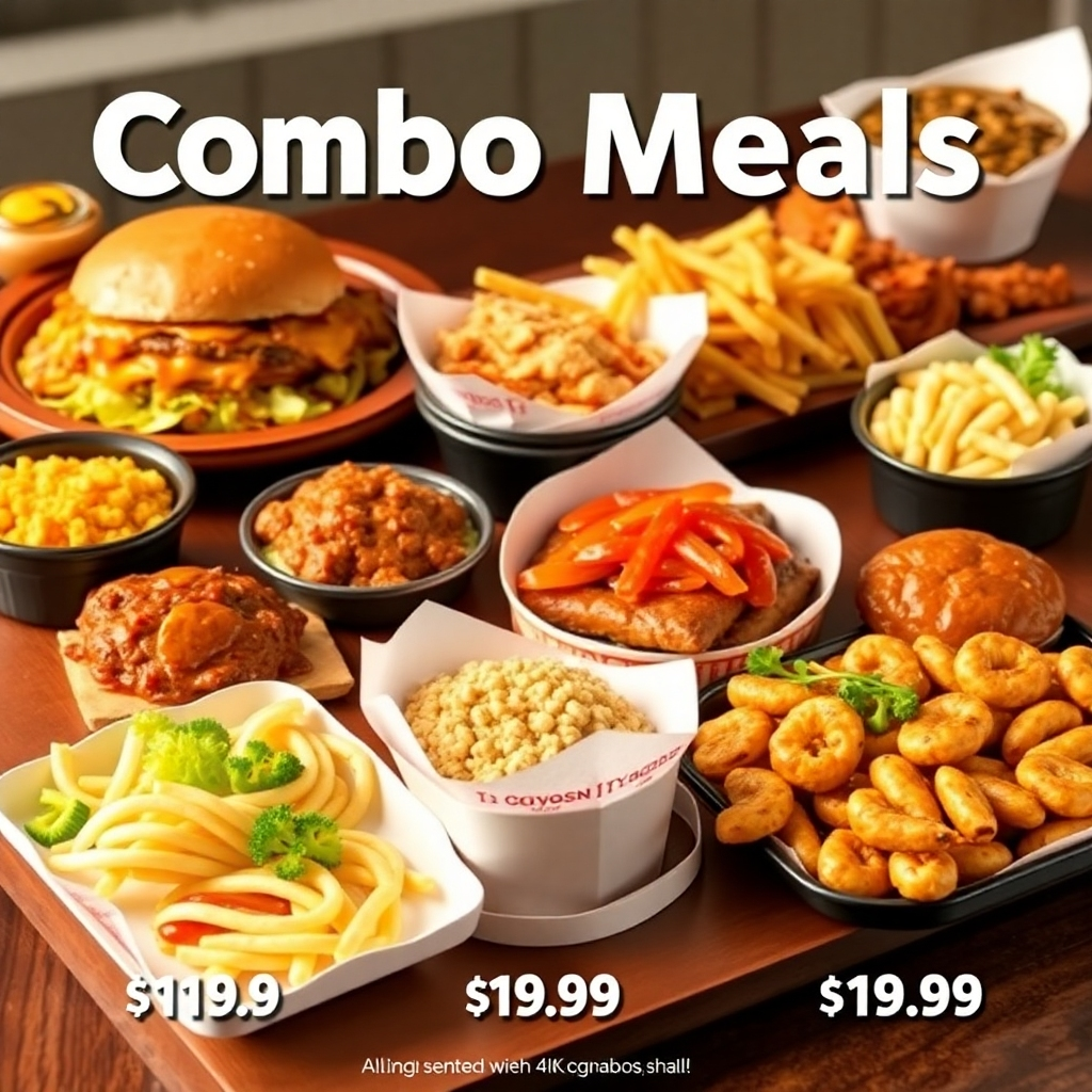 An image showcasing a variety of combo meals, highlighting the value and variety of the options. The food should be displayed attractively, and the prices should be clearly visible. Technical specifications: 4K resolution, high-quality rendering