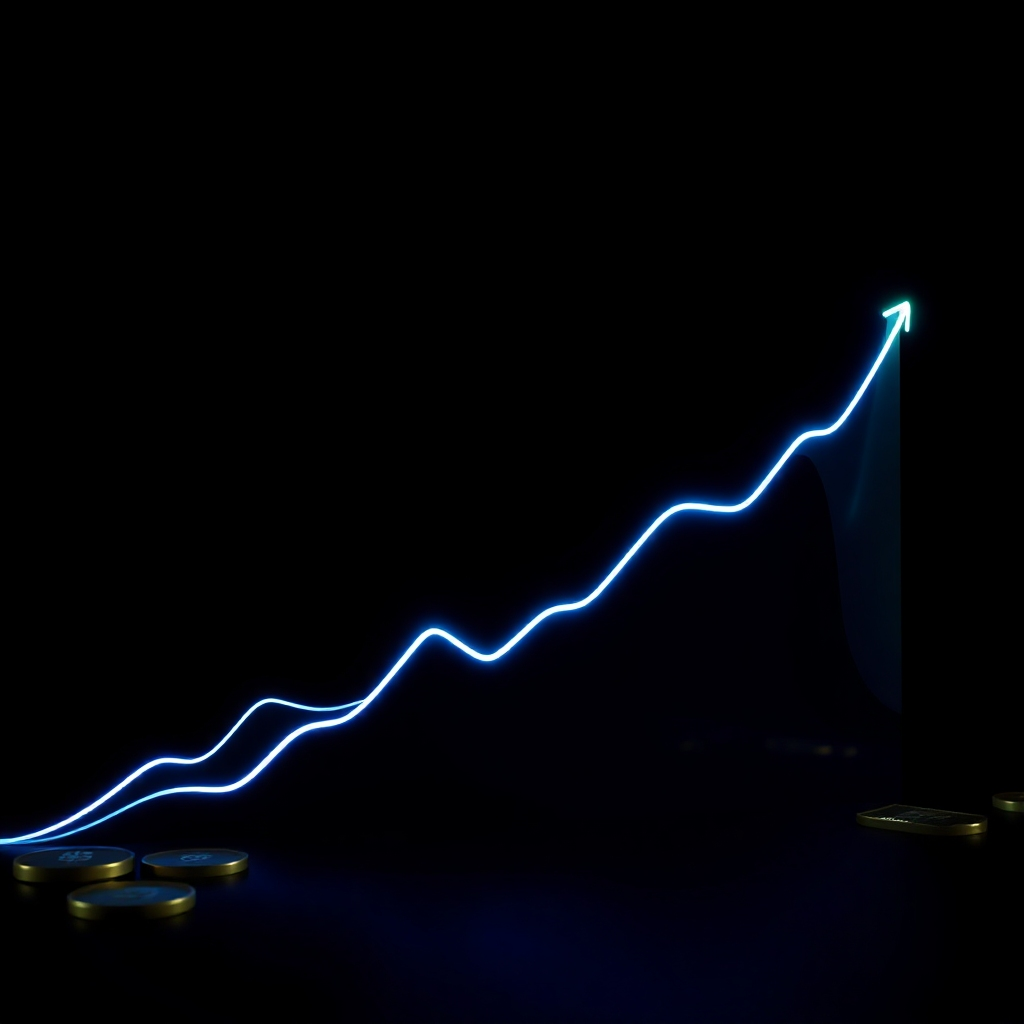 Create a 4K resolution image depicting a stylized, slightly abstract representation of profit growth.  The scene might feature a stylized upward-trending graph, composed of vibrant, glowing lines. Use a dark background, contrasting with the bright, dynamic graph.  The color palette should be a blend of blues and greens, suggesting growth, stability, and prosperity.  The composition could incorporate elements like coins, currency symbols, or even a subtle representation of the SavePon logo integrated into the graph. The texture should be smooth and sleek.  The style should be modern and minimalist, with a focus on clarity and strong visual impact.  Think of a modern infographic, but with a photorealistic quality. The camera angle should be a direct, clear view of the graph, emphasizing its upward trajectory.