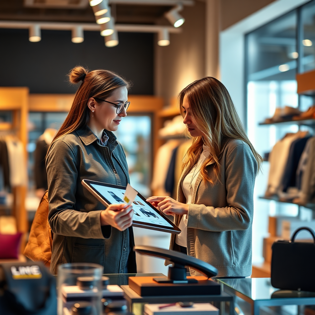 Create a scene where a salesperson is helping a customer choose a product using a digital tablet connected to a POS system. The environment should be bright and engaging, with soft focus on merchandise displays, creating a welcoming ambiance. Highlight the exchange with warm, intimate lighting that enhances the customer engagement and promotes a sense of personalization.