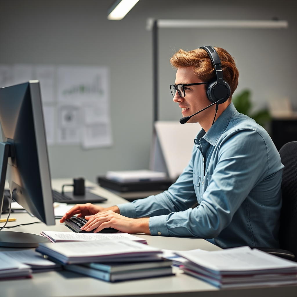 Create an engaging image showing a customer service representative assisting a client via phone and computer, surrounded by helpful resources like manuals and quick reference guides. Bright lighting should illuminate the workspace, creating clarity and approachability, emphasizing a reliable and supportive customer service atmosphere.