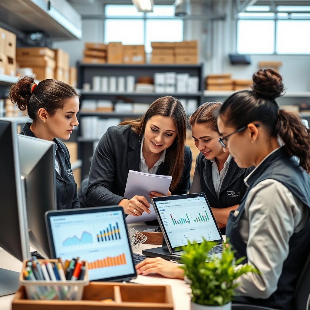 Depict a team of staff members collaborating over inventory management on a POS system. The environment can be depicted as a back office with clear organizational spots and tools, demonstrating productivity. Incorporate desktop screens displaying graphs and charts of analytics. The lighting should be bright to convey clarity and focus. The image should be photorealistic with detailed textures indicating a professional workspace.