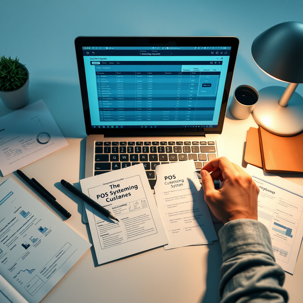 Design an image that illustrates a professional reviewing a POS system on a laptop, with notes and comparisons of different systems spread across a clean, organized workspace. The lighting should be soft yet focused to enhance the research environment, emphasizing the detailed textures of the laptop and notes, aiming for a clear and inviting visual narrative.