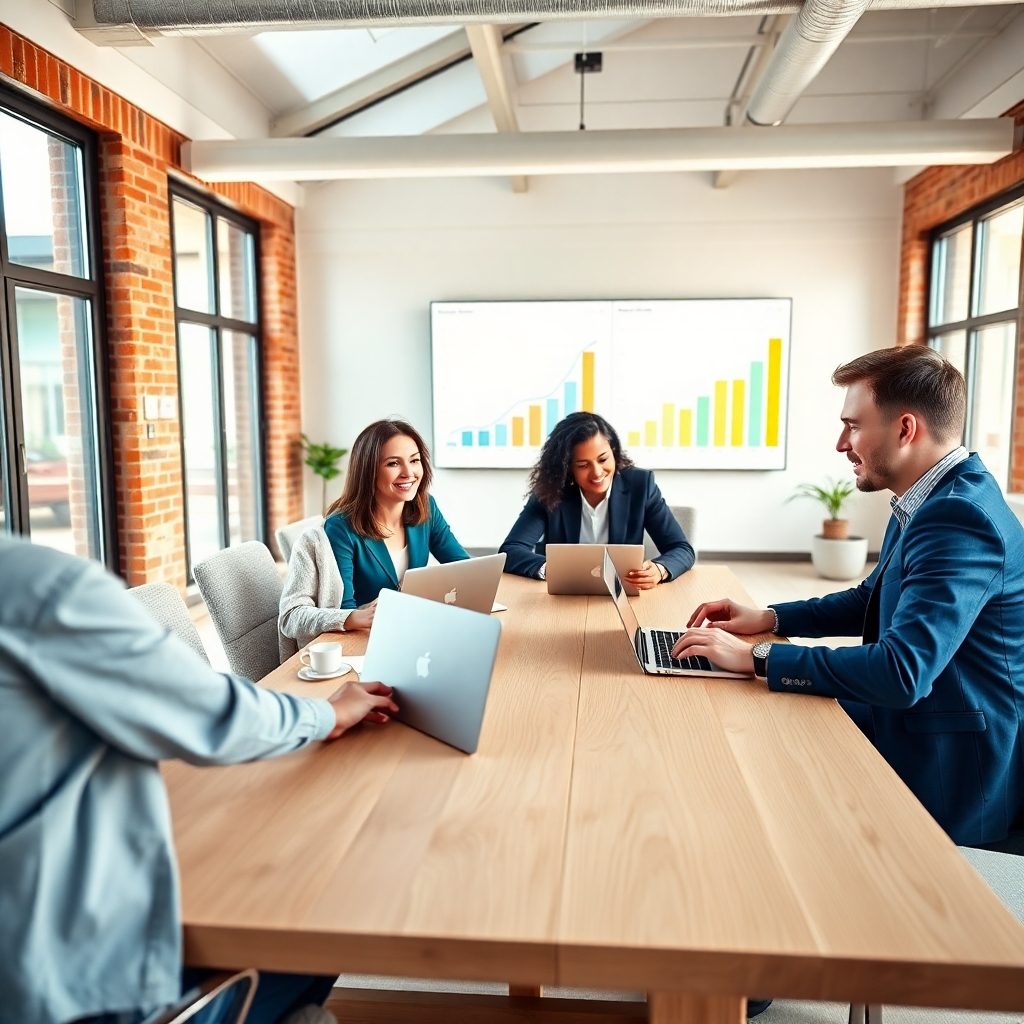 Generate a photorealistic, ultra-high definition (8K resolution) header image for DigiGoGuru's website.  The image should depict a diverse team of three young, successful professionals, two women and one man, collaborating around a large, modern table in a bright, open-plan office.  The scene is bathed in soft, natural light from large windows, creating a warm and inviting atmosphere. The color palette should be vibrant yet professional, featuring calming blues and greens mixed with accents of gold and warm white. The overall mood is one of collaboration, innovation, and success. The camera angle is slightly elevated, offering a dynamic perspective that captures the team's energy. The table is made of light oak wood with a slightly visible wood grain texture, and the team is using high-tech devices like sleek laptops and tablets.  The office features modern minimalist design with clean lines and textured surfaces; exposed brick walls add character.  In the background, subtly visible, is a wall with a large screen displaying a successful social media campaign graph. The team should be dressed in stylish yet professional attire, conveying confidence and competence. Style references include the works of Annie Leibovitz and fashion photography by Peter Lindbergh. The image should have a hyperrealistic quality, showcasing intricate details and textures, with a shallow depth of field to keep the focus on the team.  The image should convey a sense of trust, professionalism, and innovative thinking, reflecting DigiGoGuru's brand values., ultra high resolution, photorealistic, 8K, hyperdetailed, cinematic lighting