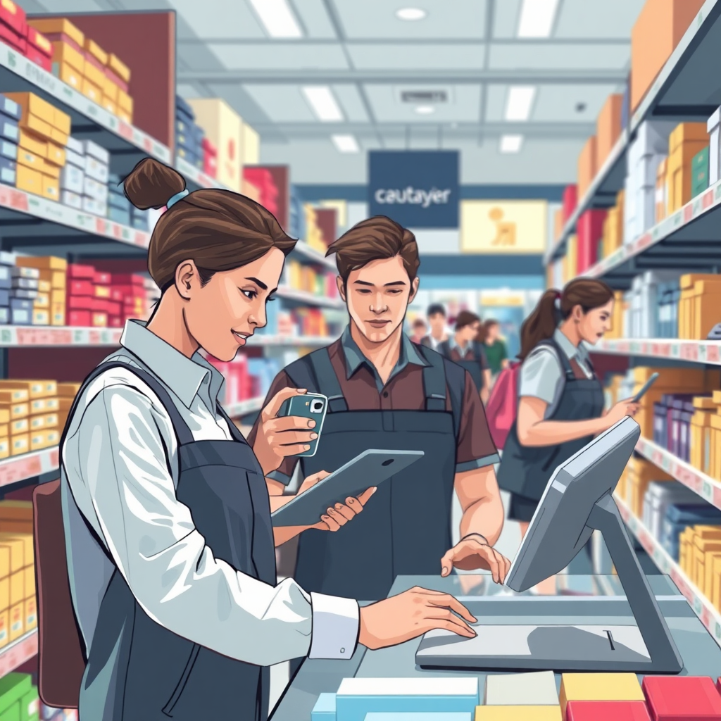 Illustrate a fast-paced retail scene with staff efficiently managing stock utilizing a POS system. The focus should be on a tablet photographing merchandise while staff organizes the shelves. Use dynamic, bright lighting to capture the hustle and bustle of the retail environment, ensuring the composition is lively and engaging in a photorealistic style.