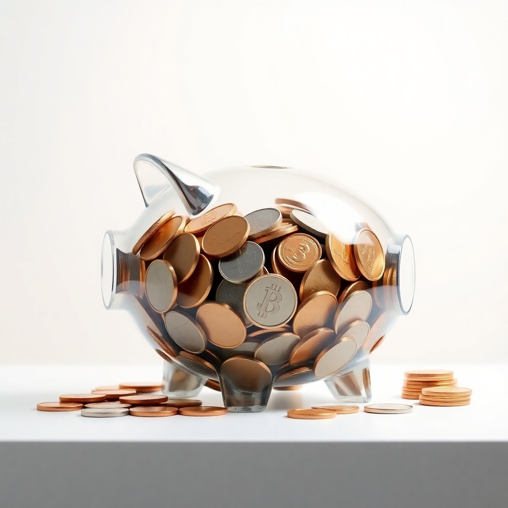 Image depicting a transparent piggy bank overflowing with coins and money. A clean, modern aesthetic with soft, inviting lighting.