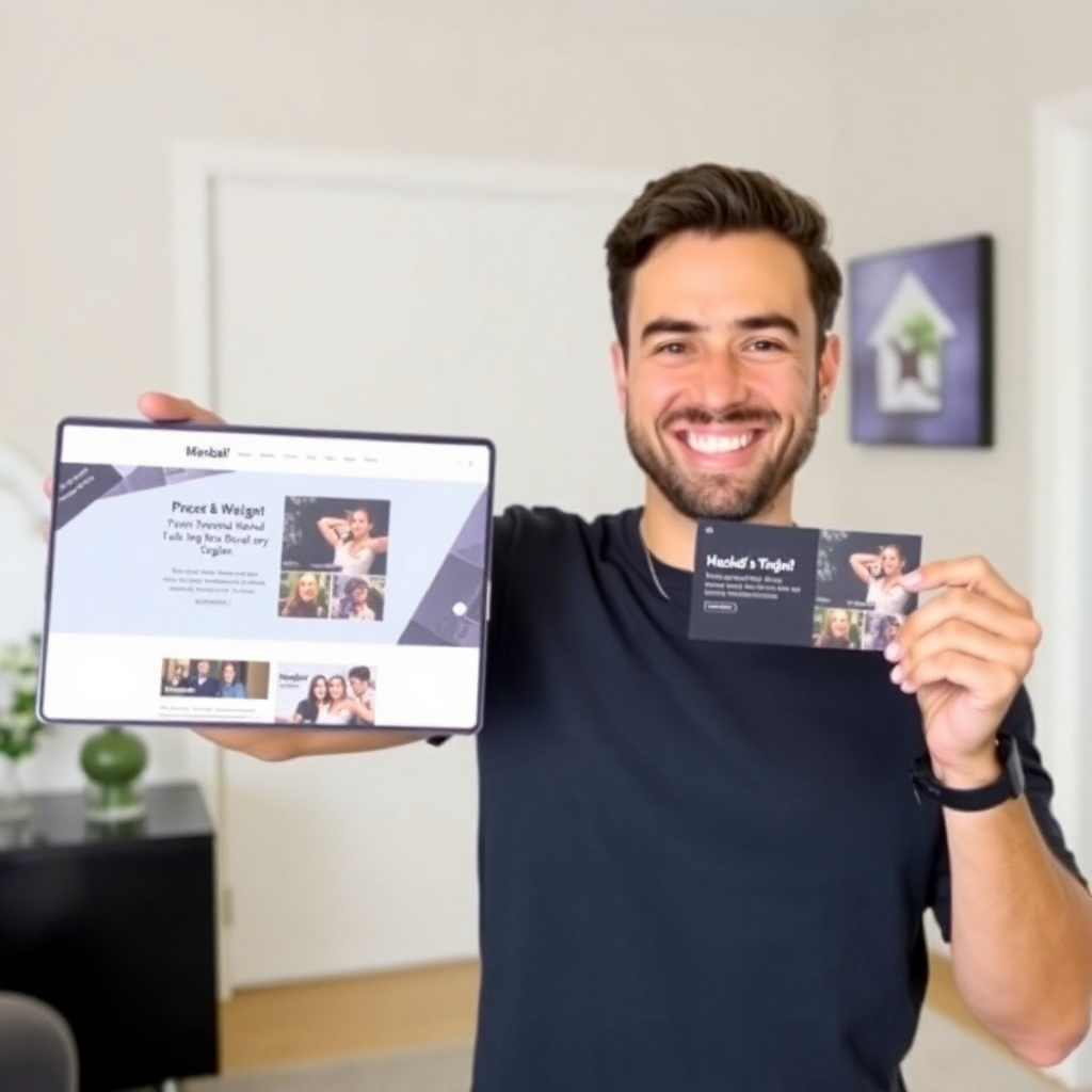 Image showing someone proudly presenting their personalized website design. A clean, well-lit setting, with a confident, smiling person.