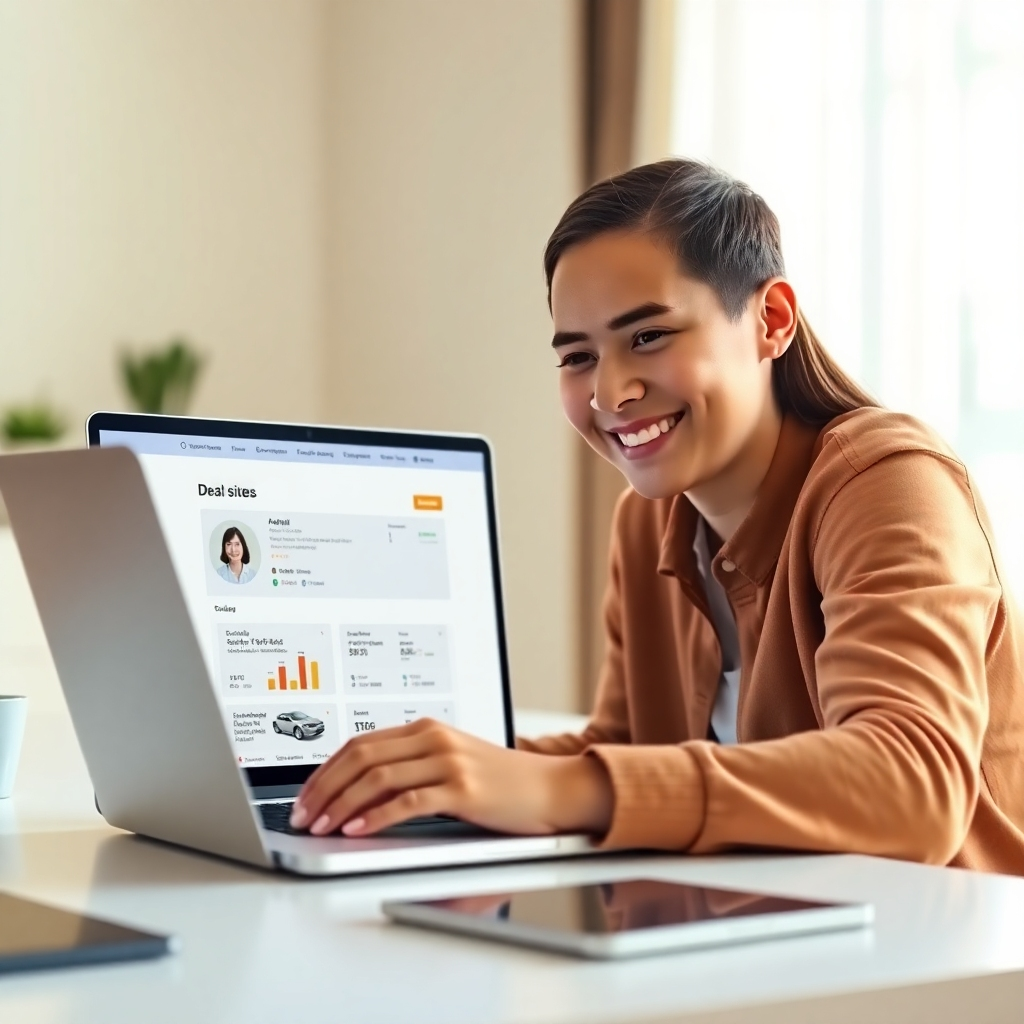 Photorealistic image of a person smiling and looking at a laptop screen showing a simple, easy-to-use deal site interface. Soft, warm lighting. Clean, modern setting. Focus on the ease of use and the positive emotions associated with success.