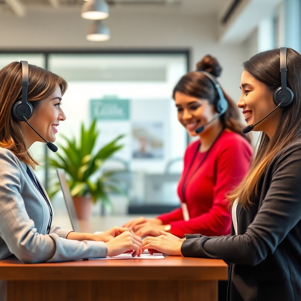 Photorealistic image showing friendly customer service representatives providing help to a customer. A warm, reassuring setting.