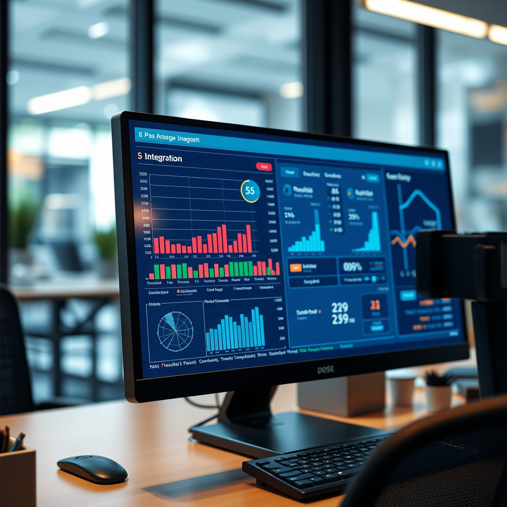 Showcase a close-up of a POS integration interface on a computer screen with visualized data from various sales channels. The environment should illustrate a modern office with visual graphs emanating from the screen showing successful integration. Use soft but focused lighting to emphasize the screen details, aspiring for a hyper-realistic effect highlighting the technology’s importance.