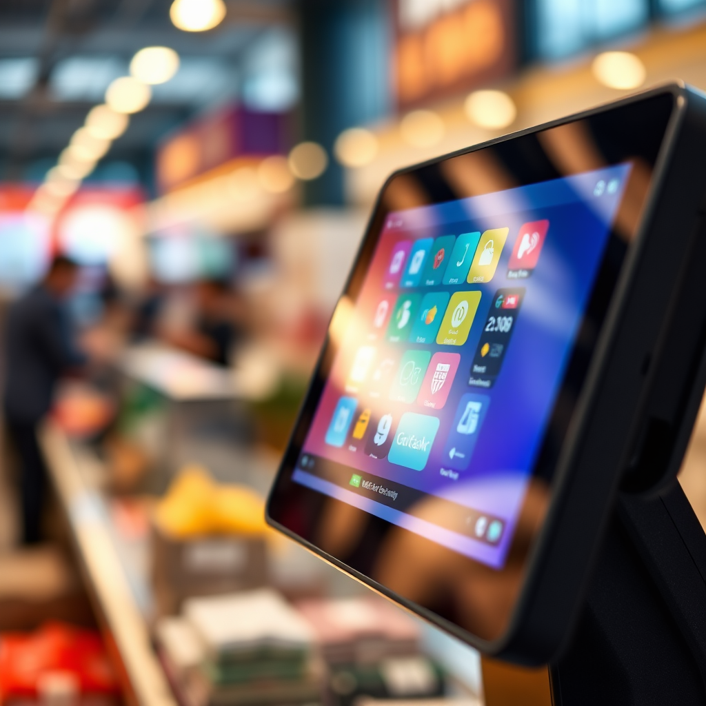 Visualize a close-up of a modern touch-screen POS terminal displaying vibrant, user-friendly software. The background should hint at a busy retail environment, with soft bokeh effects to highlight the POS system. Use warm lighting to create an inviting atmosphere and ensure the touchscreen interface is clear, displaying colorful applications prominently. Aim for a photorealistic style that emphasizes usability and engagement, suitable for a high-quality image.