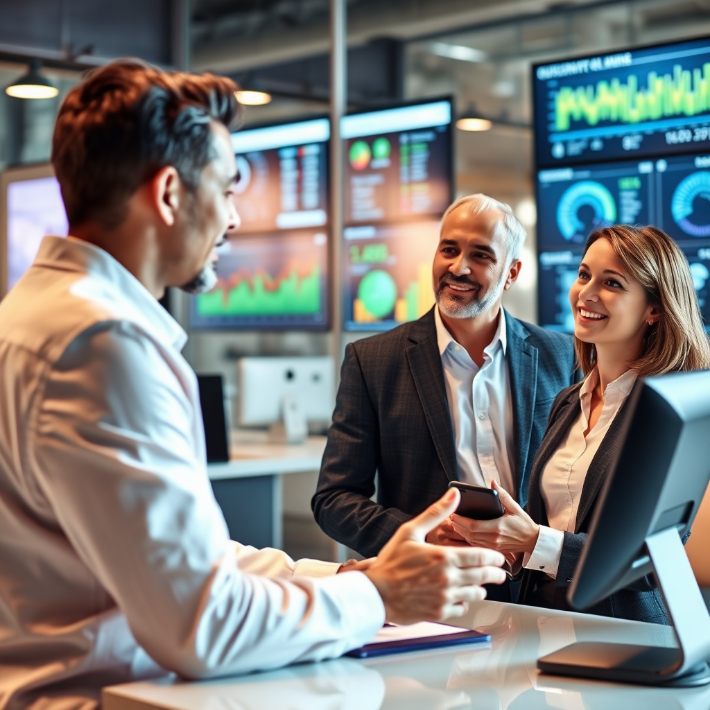 Visualize a one-on-one consulting session between an expert and a business owner discussing POS solutions. The setting should be a modern office with digital displays highlighting data insights. Use bright, professional lighting to ensure clarity, with a focus on expressions and engagement, capturing a successful consulting environment in high quality.