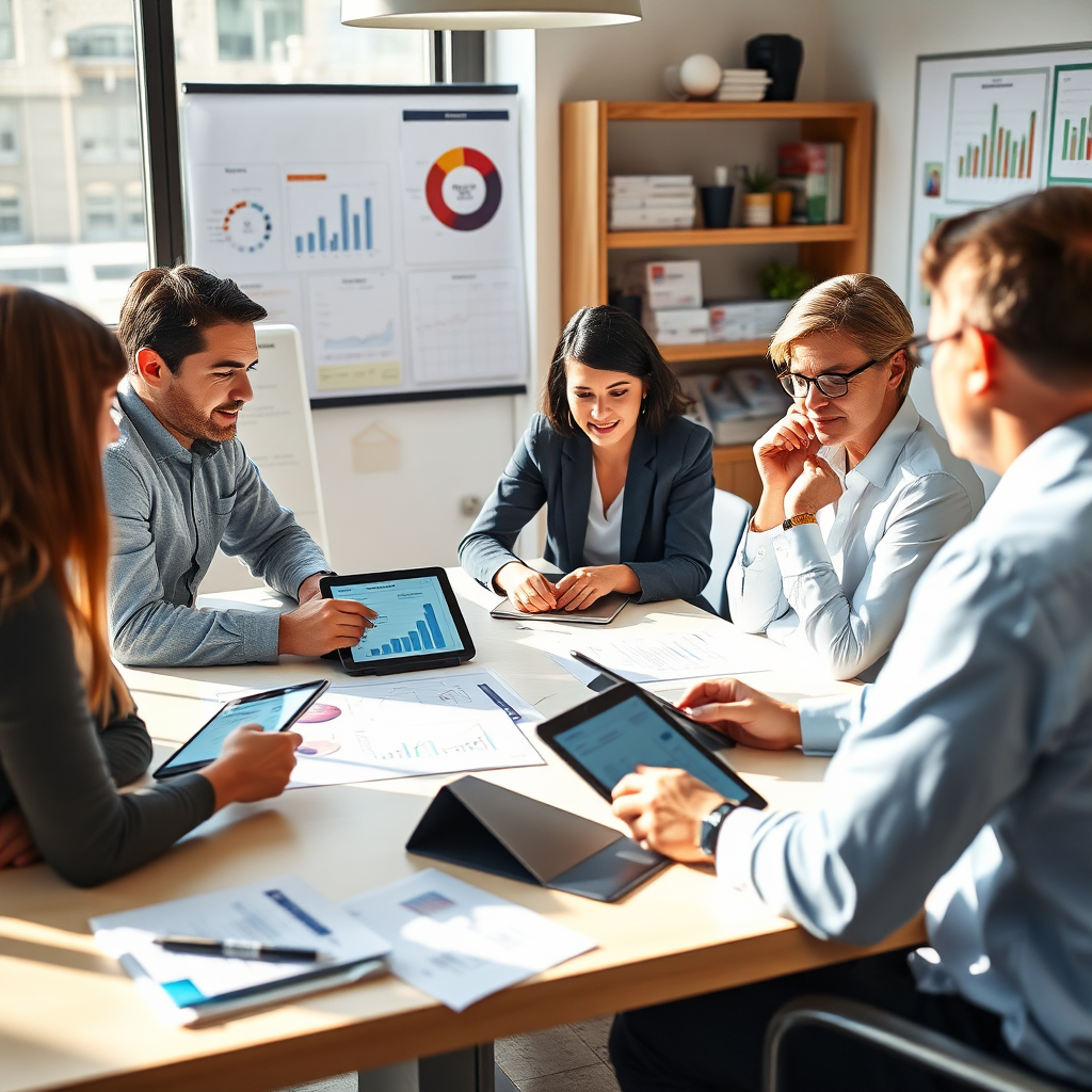Visualize an analytical meeting with team members gathered around a table equipped with tablets analyzing data from the POS system. The office should be bright and inviting, decorated with charts and marketing materials. Use natural light streaming in to create an engaging environment that fosters collaboration, ensuring the image is detailed and professional in style.