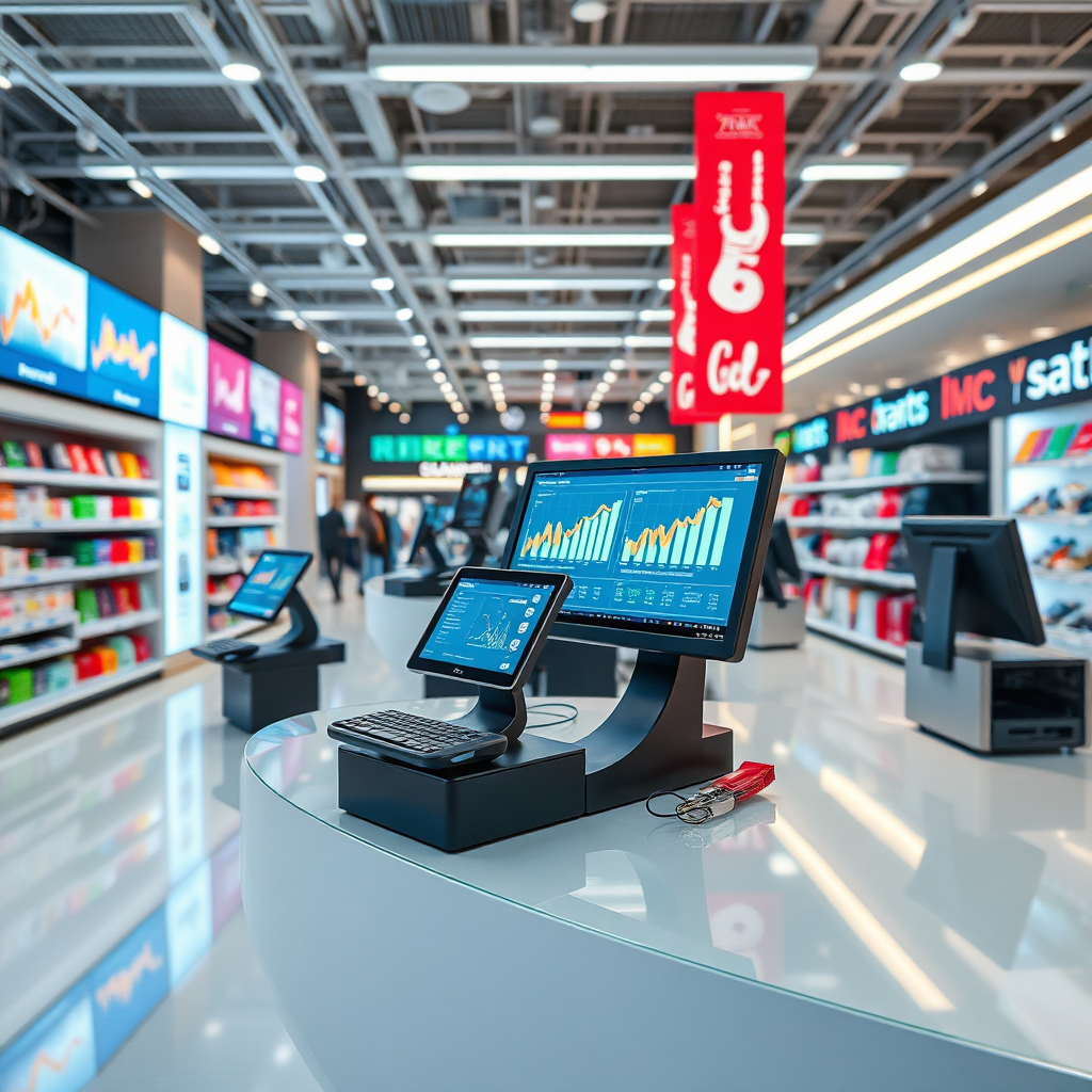 Visualize an innovative retail setting with screens showing analytical trends and forecasting data next to active POS devices. Colorful digital displays around the space should suggest a modernity and readiness for future demands. Bright, natural lighting should enhance this forward-thinking atmosphere with clear textures and high resolution presenting a crisp, professional image.