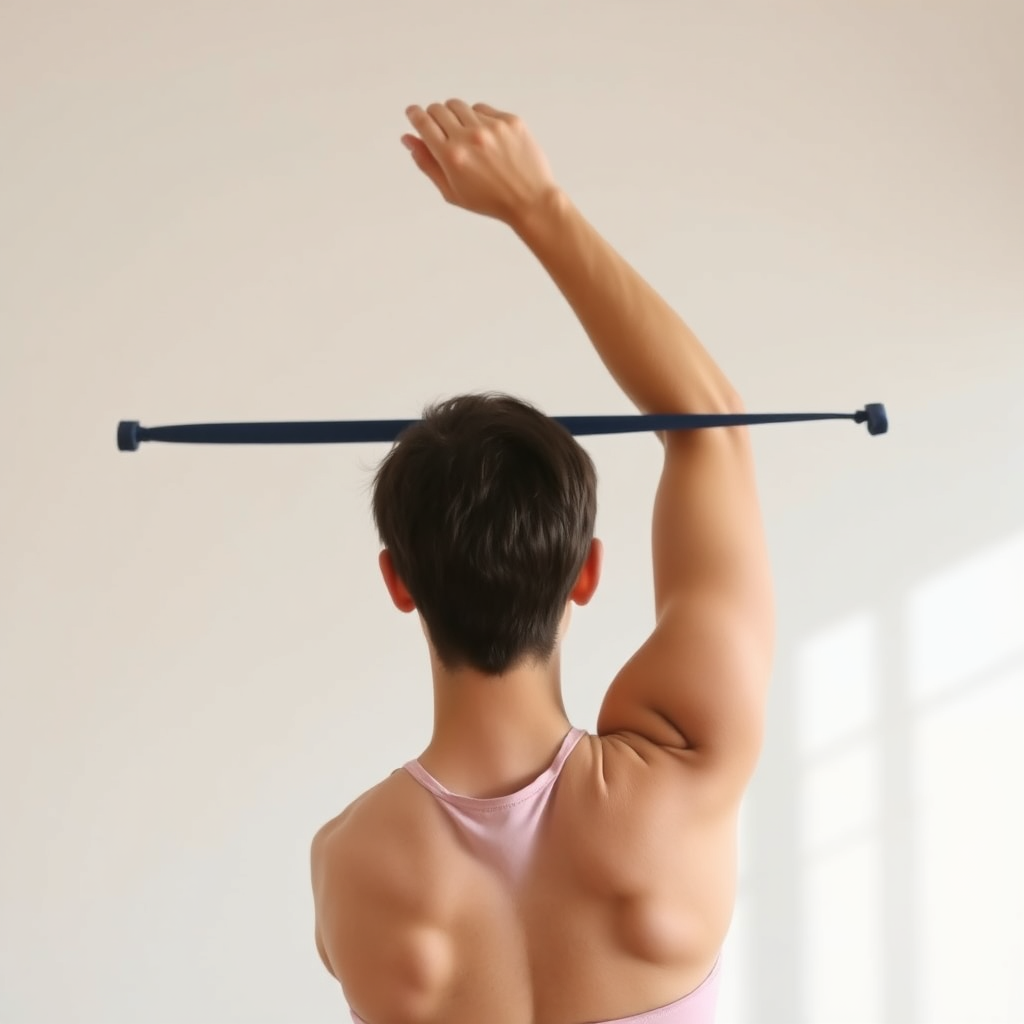 Person performing shoulder mobility exercise with band