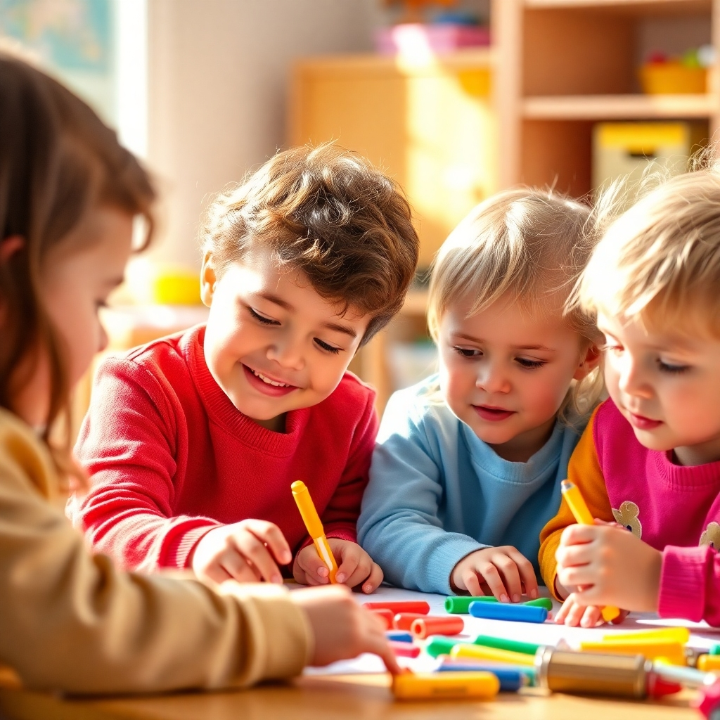A photorealistic image depicting preschool-aged children engaged in playful learning activities. Use soft, natural lighting and focus on vivid colors. Style: Bright and playful preschool photography