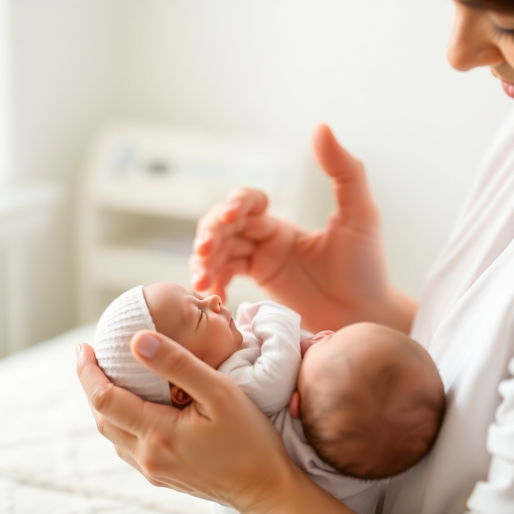 A photorealistic image of a caregiver gently interacting with an infant. Focus on tender moments, warm lighting, and soft colors. The environment should be clean, safe, and cozy, conveying trust and care. Style: Soft and tender newborn photography