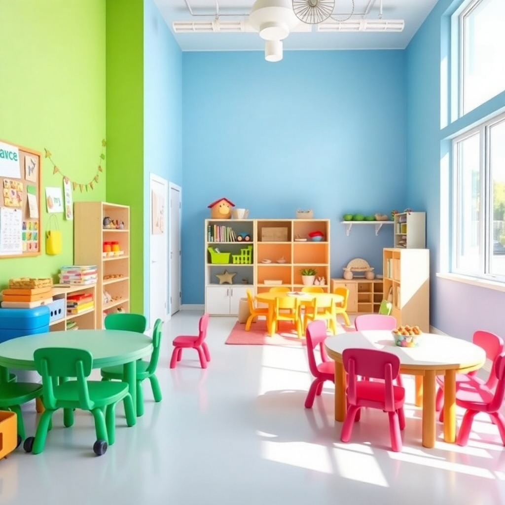 A photorealistic image showing a clean, well-organized, and child-safe environment.  The image could include spacious rooms, bright colors, child-sized furniture, and age-appropriate toys. Bright, natural lighting is essential to create a clean and inviting atmosphere. Style: Clean and modern daycare photography