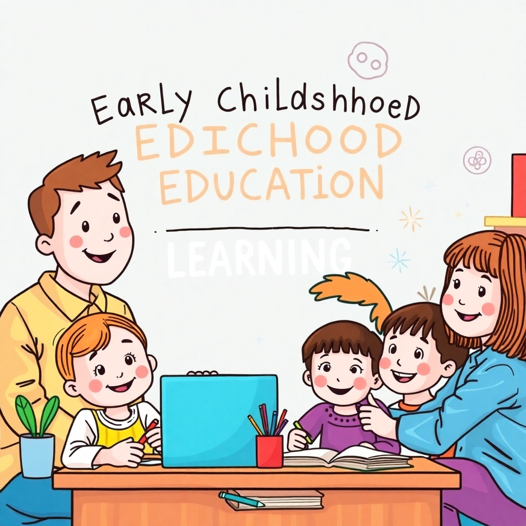 A stylized image portraying early childhood education concepts, combining hand-drawn elements with realistic props.  A mixture of colorful hand-drawn elements and real photos, suggesting a creativity-filled learning environment. The style should have a playful feel, showing happy faces in a colorful and dynamic learning experience. Warm lighting and a pastel color palette are encouraged
