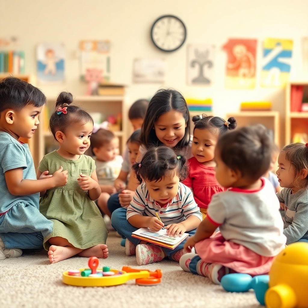 Create a 4K photorealistic image of a diverse group of children aged 0-13, engaged in various activities within a warm, inviting classroom setting. The lighting should be natural and soft, with a focus on warm tones. The color palette should consist of soft pastels and primary colors. The composition should showcase the children's engagement and the teacher's gentle guidance. Texture details like soft carpets and colorful toys should be visible. Relevant props such as books, art supplies, and interactive educational materials should be included. The overall style should reflect a nurturing, inclusive environment. The photo should convey a sense of learning, fun, and a loving and supportive atmosphere that is representative of Joseph Myrlaine Family Childcare's values.