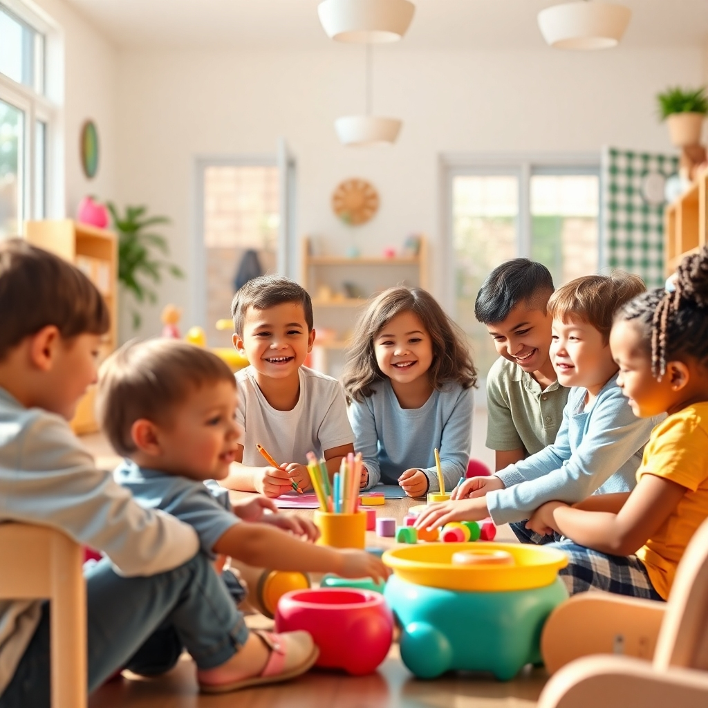 Create a photorealistic, ultra-high-quality 8K resolution image depicting a bright and welcoming daycare center. The image should focus on diverse children aged 0-13 happily engaged in various activities, such as playing, learning, and interacting with caring multilingual staff. The composition should include a mix of indoor and outdoor shots, showcasing a spacious and well-equipped play area and a cozy learning environment. The lighting should be natural and warm, with a focus on soft, even illumination to create a calming atmosphere. The color palette should be vibrant and cheerful, incorporating soft pastels and natural earth tones. The camera angle should be from a slightly elevated position, offering a broad view of the daycare environment while still maintaining a sense of intimacy. Texture details should be crisp and lifelike, showcasing the softness of fabrics, the smoothness of surfaces, and the natural textures of toys and play equipment. The environment should look clean, safe, and meticulously maintained, ensuring a sense of comfort and trust. The background should subtly include details that represent San Diego's environment such as vibrant flowers, or a sunny courtyard. Relevant props should include educational toys, books, art supplies, and other child-friendly items. The overall style should be reminiscent of modern, family-friendly daycare photography; it should convey a feeling of warmth, joy and care. The final image must be hyperrealistic, detailed, and visually engaging, reflecting the high standards of Joseph Myrlaine Family Child Care.