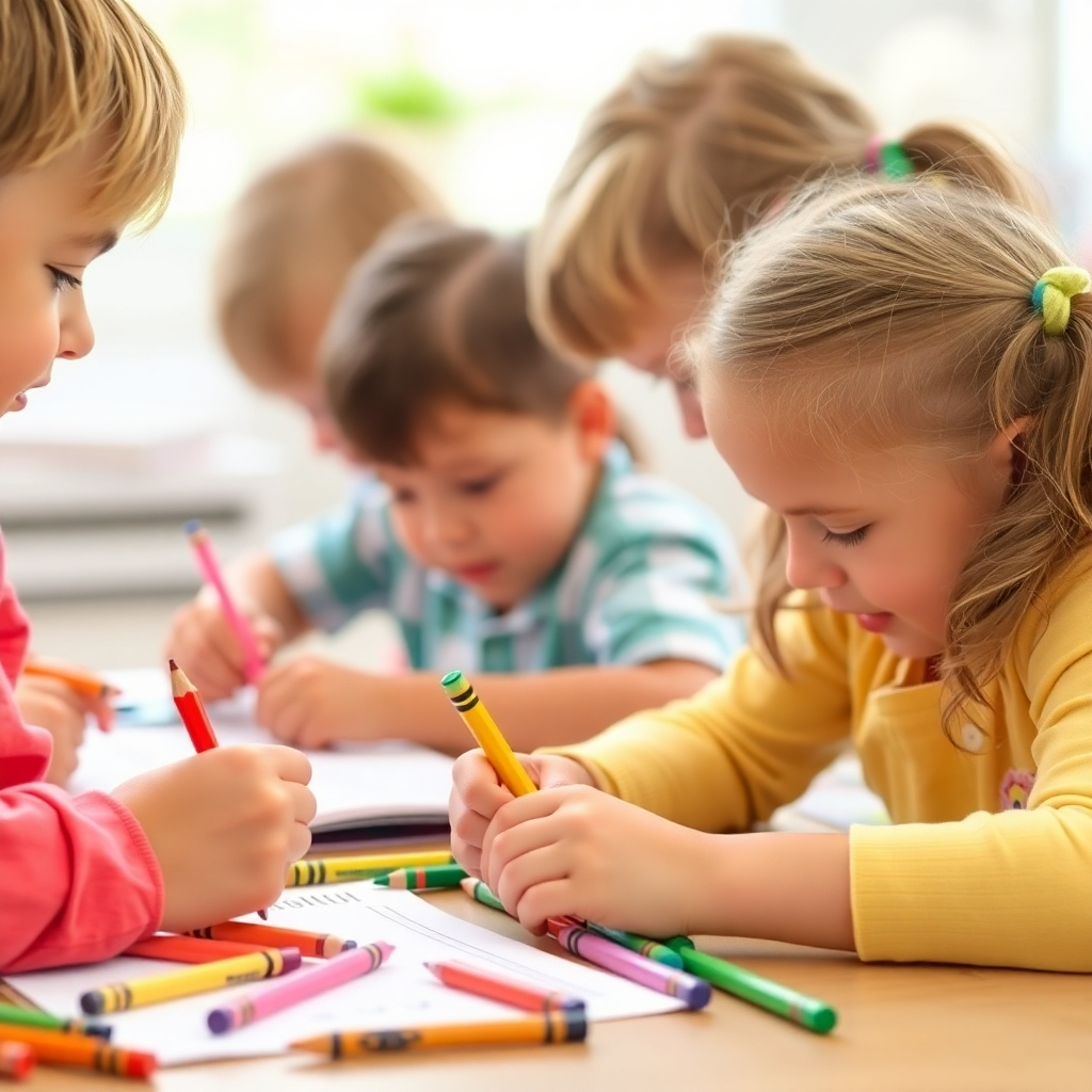 Image focusing on hands-on writing exercises that foster creativity and fine motor skills.  Show children working with crayons, markers, and construction paper. The style should be vivid, positive, and educational. Show the details of pencils, workbooks, and colorful drawings. Lighting should be natural and warm.