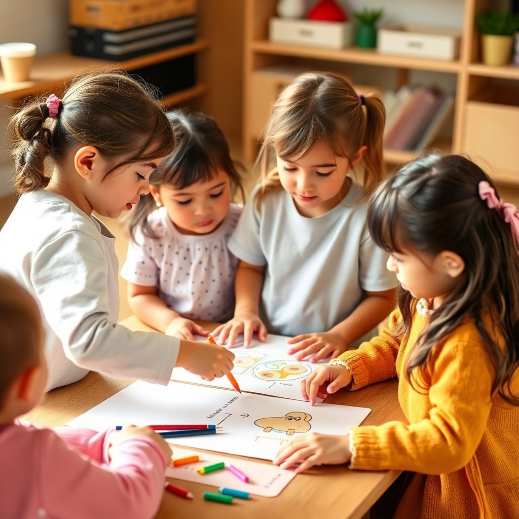 Image of children participating in an activity promoting holistic development, like a group project that integrates language learning, writing, and artistic expression. Show a warm, engaging environment, and focus on the collaborative nature of the activity. Use a warm lighting scheme and natural color palette. Style: Focus on a playful yet educational atmosphere.