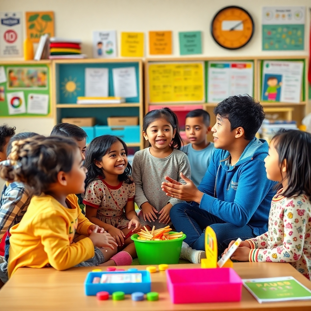 Image portraying a vibrant classroom scene where diverse children are interacting with a teacher who is speaking multiple languages. Emphasize diversity, natural interactions, and colorful, engaging learning materials. Utilize soft, natural lighting and a warm, playful color palette. Style: Lifestyle photography