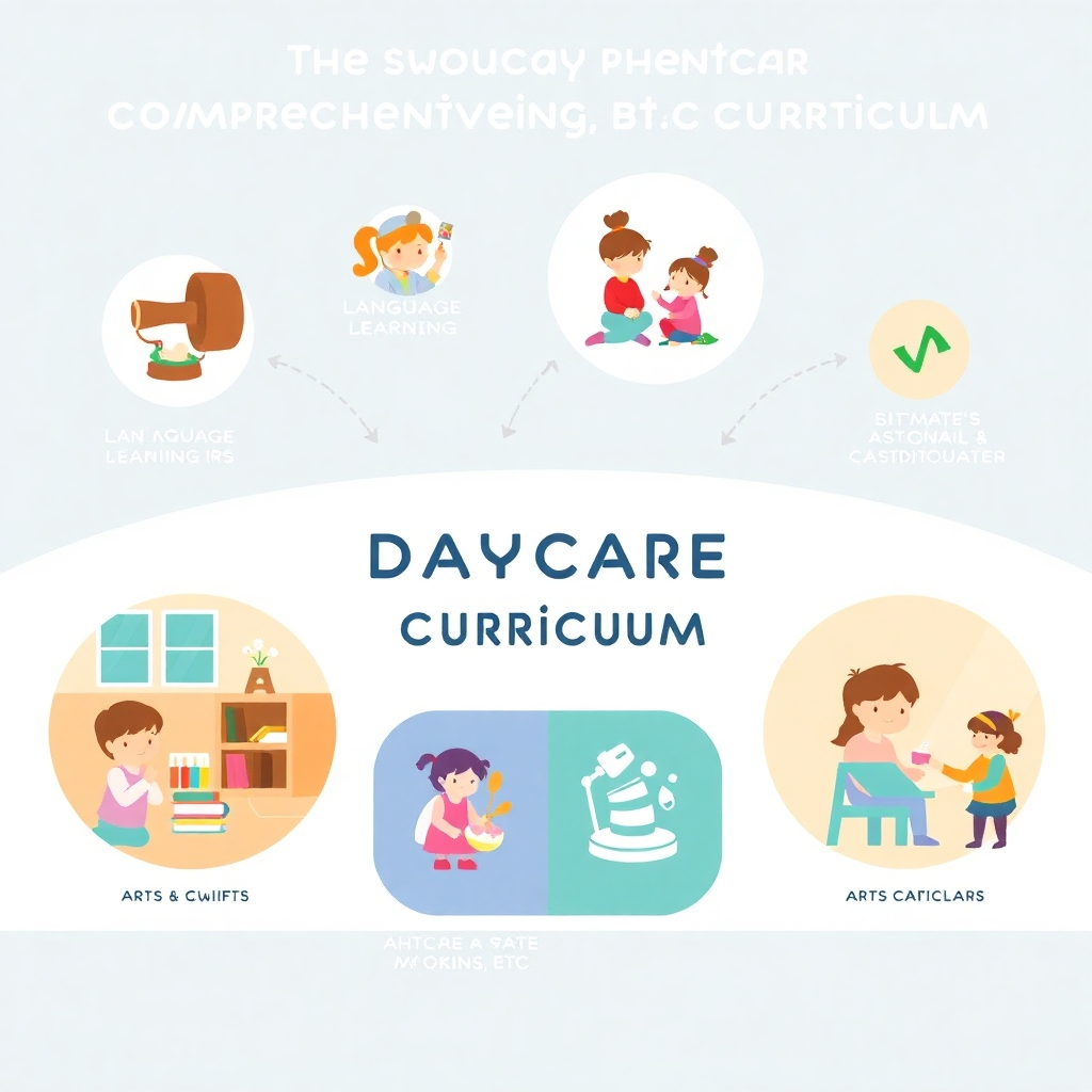 Image that visually conveys the different components of the daycare's comprehensive curriculum. Use visual elements to show the educational activities offered, such as language learning, arts, crafts, music, etc. The style should have a modern feel, using simple backgrounds and high-quality images. The lighting should be bright and airy.
