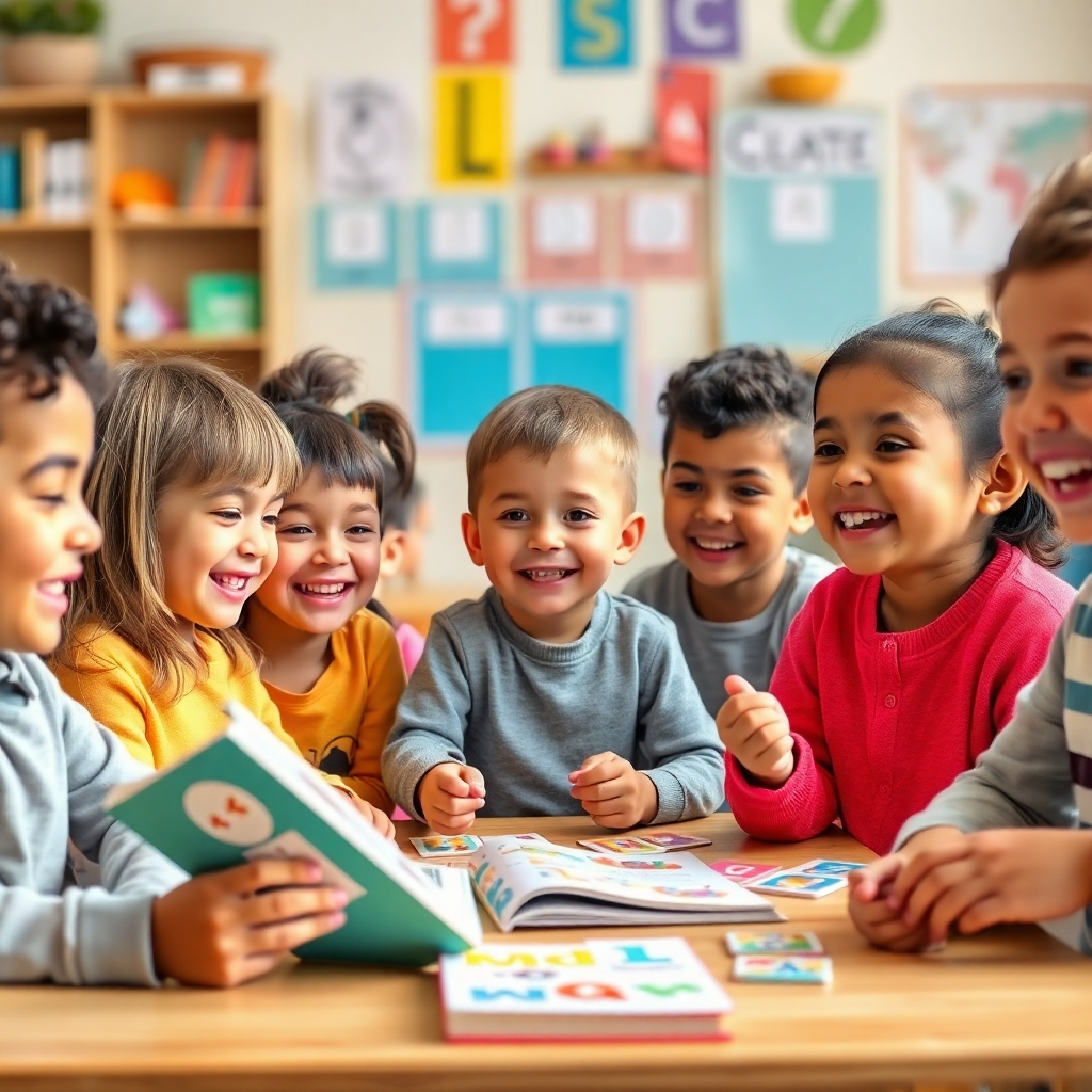 Photorealistic image of diverse children engaging in a fun language activity. Warm lighting, soft colors, and varied classroom details. High-quality, 4K resolution, showcasing diversity and engagement. Show smiling faces and an environment that looks lively and engaging. Show materials like books, colorful flash cards, and interactive games. Style: Bright and cheerful photography