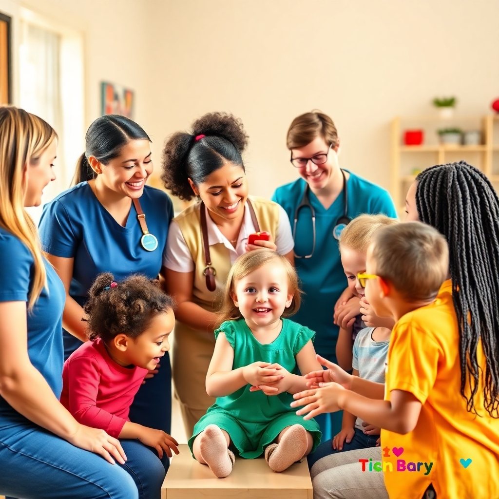 Photorealistic image of the childcare staff interacting warmly with the children. Show a diverse and friendly team in a positive setting. Use natural lighting and a bright color palette to reflect the warm and welcoming environment. Style: Focus on positive human interactions