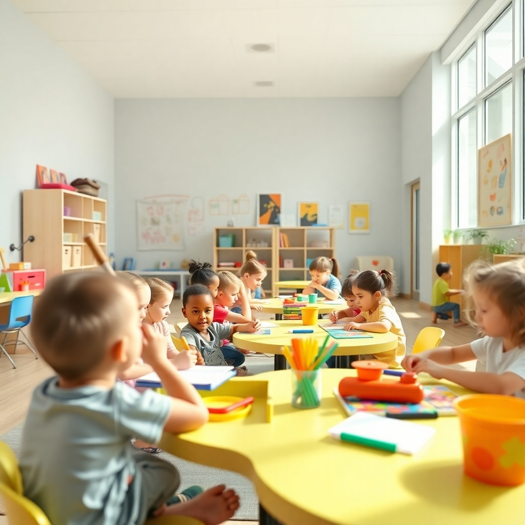Photorealistic image showcasing children engaging in various activities in a bright and spacious after-school care setting. Use a wide angle to demonstrate the size of the room. Style: Capture a sense of fun and active engagement