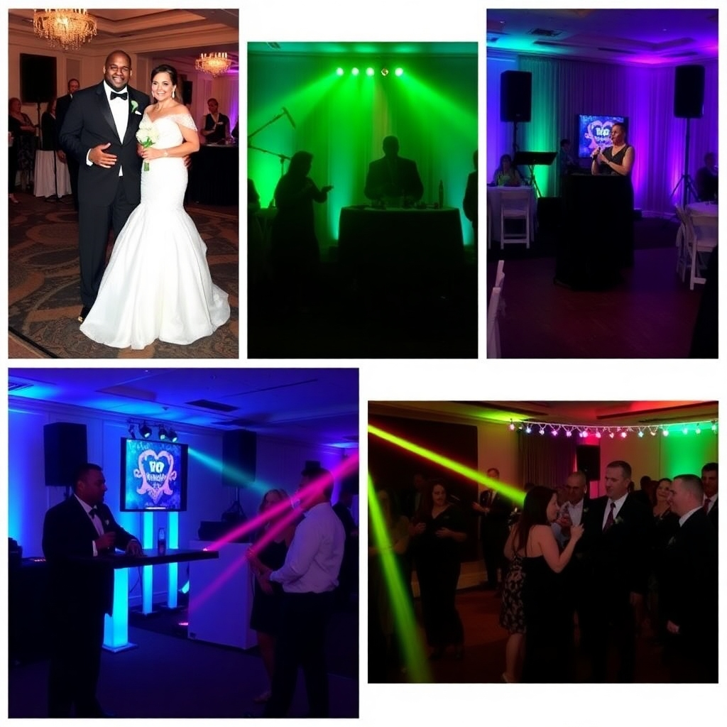 A collage of images representing various events where DJ Kool Whipp has performed, showcasing versatility and adaptability. Include a wedding, a corporate event, and a private party.