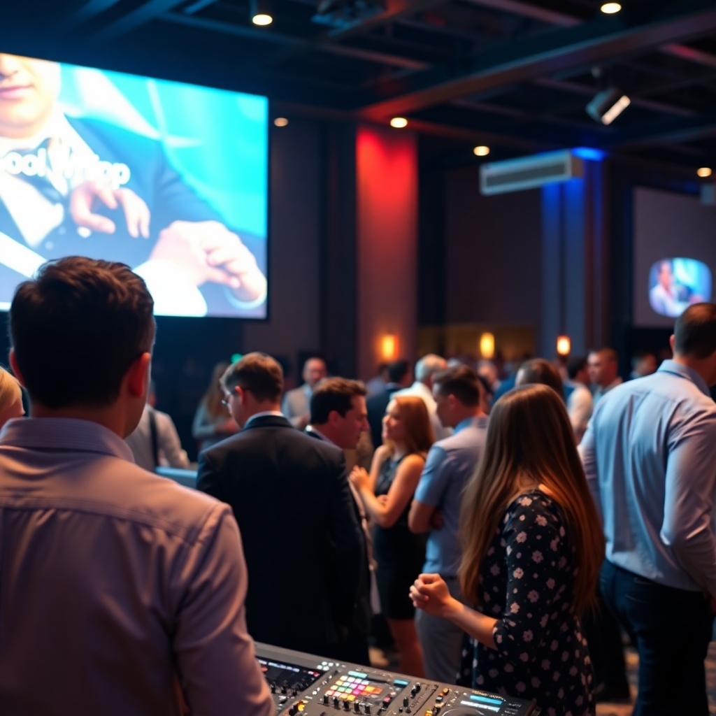 A photorealistic image of a corporate event with a professional atmosphere. DJ Kool Whipp is providing the music in the background. The lighting is bright and even. The focus is on the attendees networking and enjoying the event. 4K resolution.