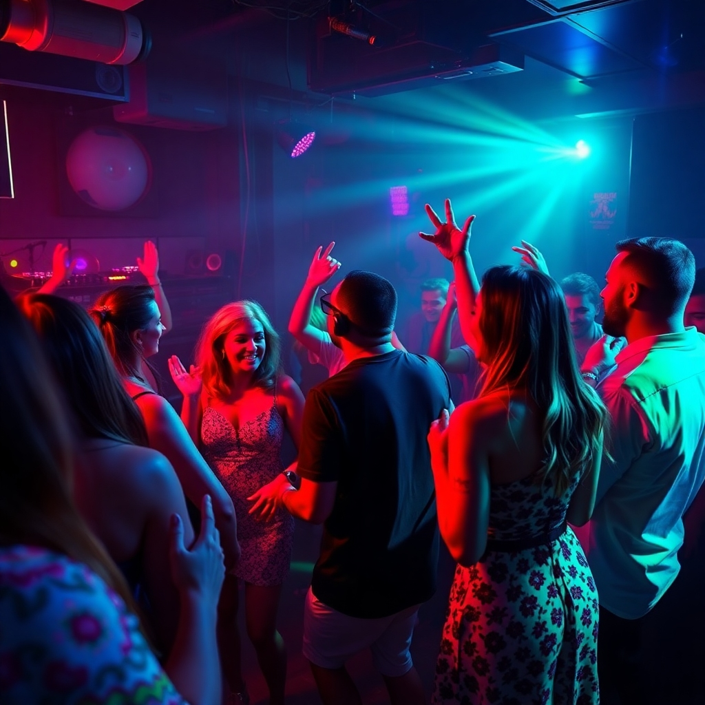 A photorealistic image of a private party with a fun and energetic atmosphere. DJ Kool Whipp is visible in the background, keeping the party going. The lighting is colorful and dynamic. The focus is on the guests dancing and having a great time. 4K resolution.