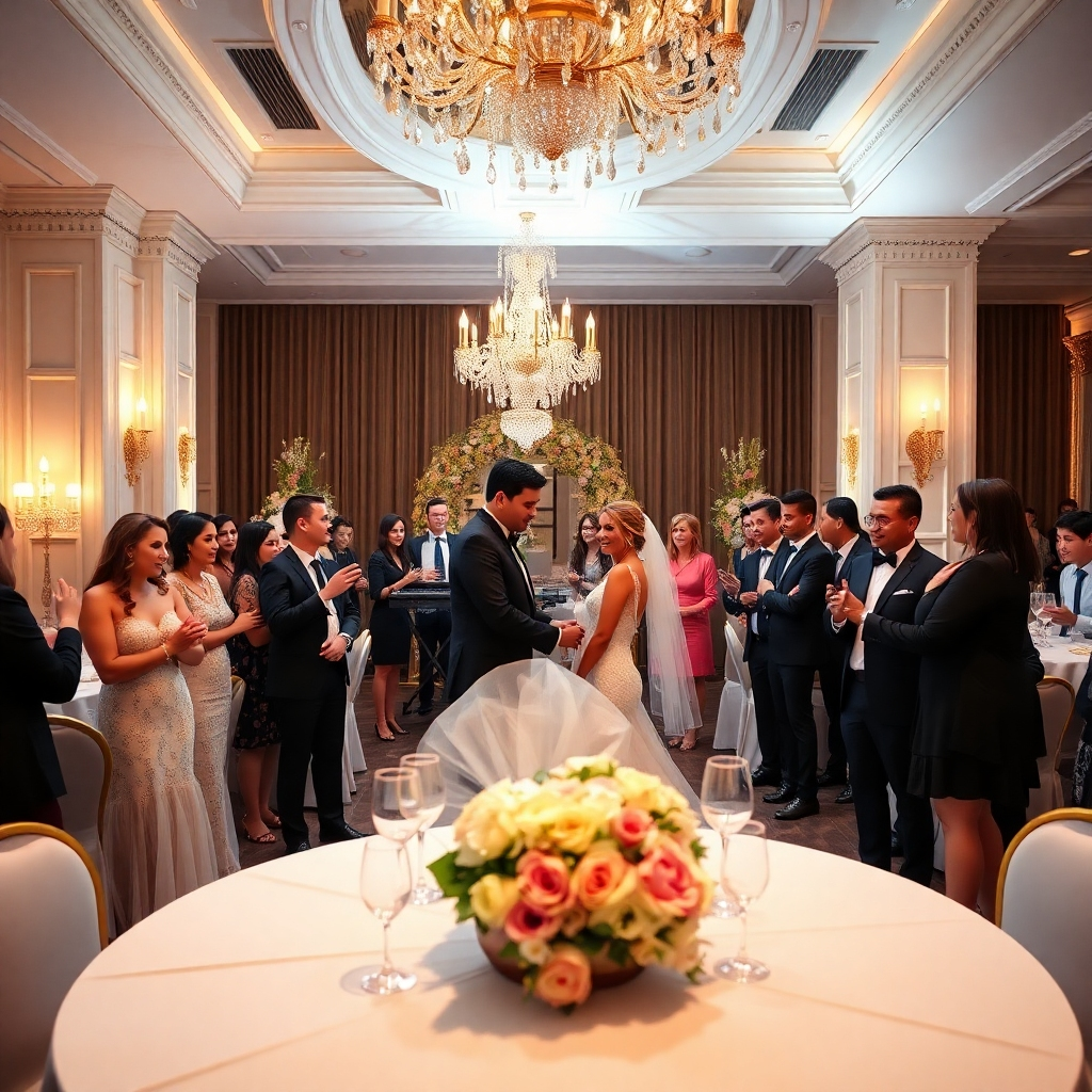A photorealistic image of a wedding reception with elegant white and gold decor. DJ Kool Whipp is subtly visible in the background, providing the music. The lighting is warm and romantic. The focus is on the happy couple and their guests. 4K resolution.