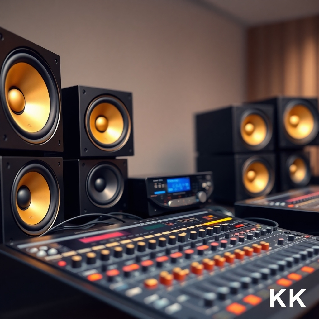 A photorealistic image of high-end audio equipment, including speakers and a mixing console, with gold accents. Focus on the clarity and detail of the equipment. The background is blurred to emphasize the quality of the sound system. The lighting is bright and even. 4K resolution.