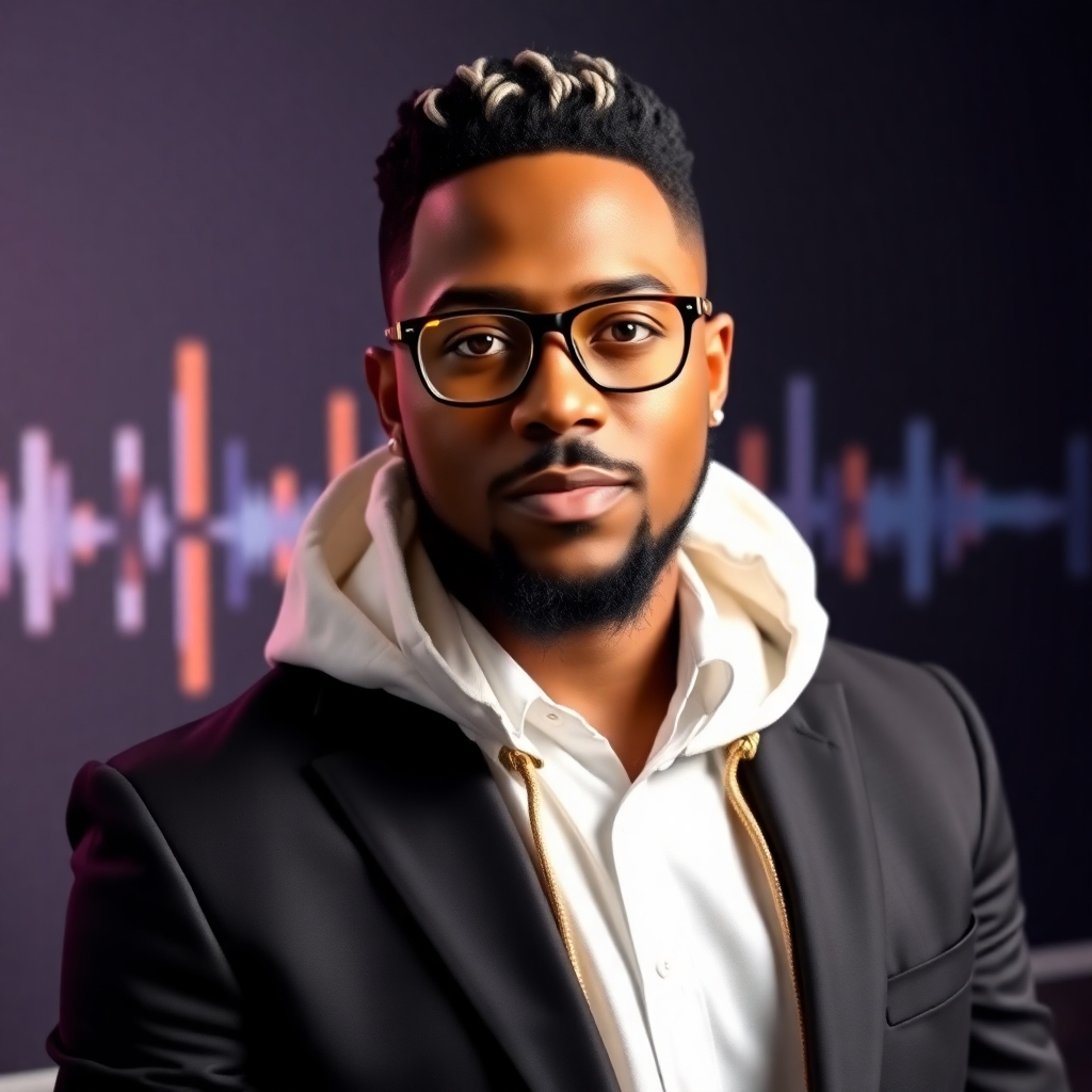 A professional headshot of DJ Kool Whipp, dressed in stylish attire with white and gold accents. The background is blurred and features a subtle pattern of sound waves. The lighting is flattering and emphasizes the DJ's confidence. 4K resolution.