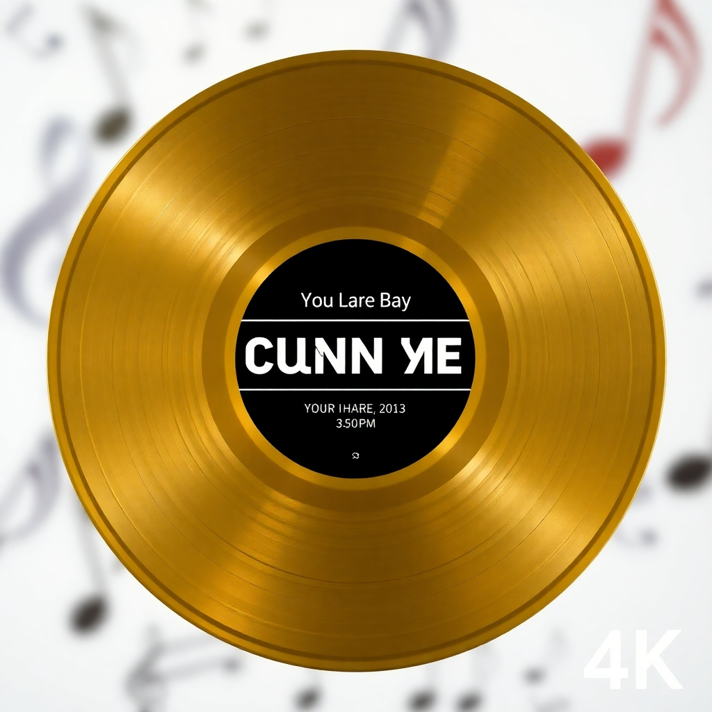 A stylized image of a vinyl record with a custom label featuring the event's name. The record is gold, and the label is black and white. The background is blurred and features abstract representations of musical notes. 4K resolution.